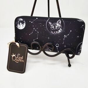 Lost Queen Celestial Print Wallet – Zodiac Signs, Black Cat, Vegan Leather